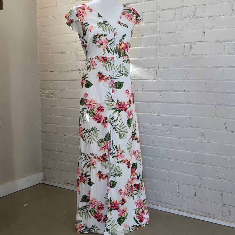 Montrez Tropical Floral Maxi Dress ┃ White Pink Green┃ Button Front & Rayon┃Lrg